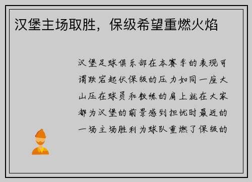 汉堡主场取胜，保级希望重燃火焰
